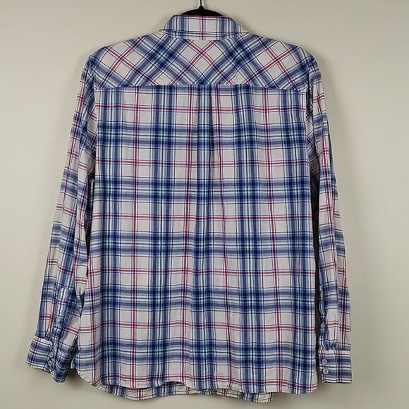 Talbot's Blue Plaid Button Front Shirt Long Sleeve Top Metallic Stripe Size LP - Picture 8 of 10